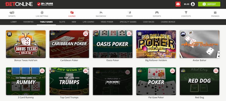 BetOnline poker selection category