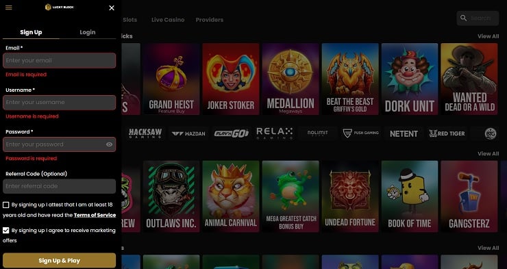 Lucky Block Registration for Casino Streams