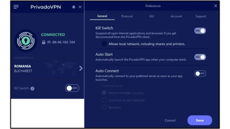 PrivadoVPN security settings
