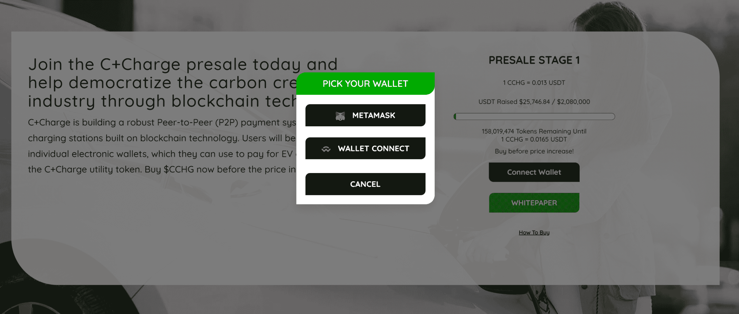 C+Charge Presale Page Pick your Wallet 