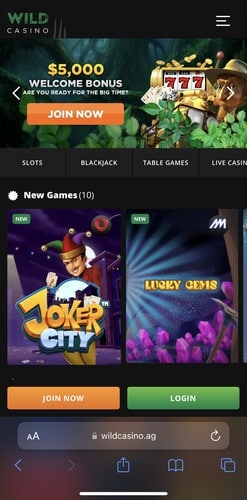 wild casino add app menu button