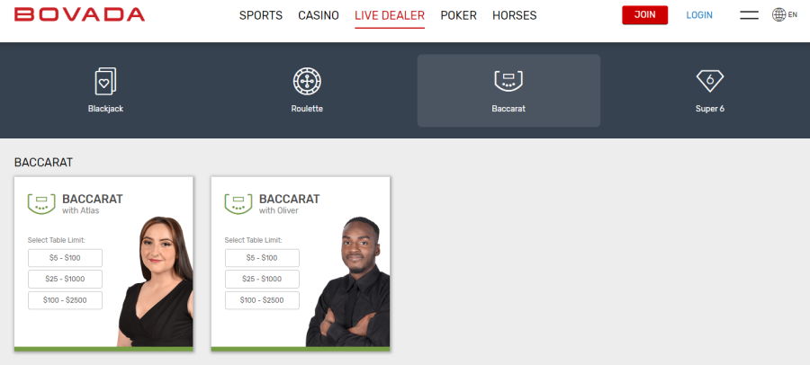 Bovada Casino Live Dealer Baccarat