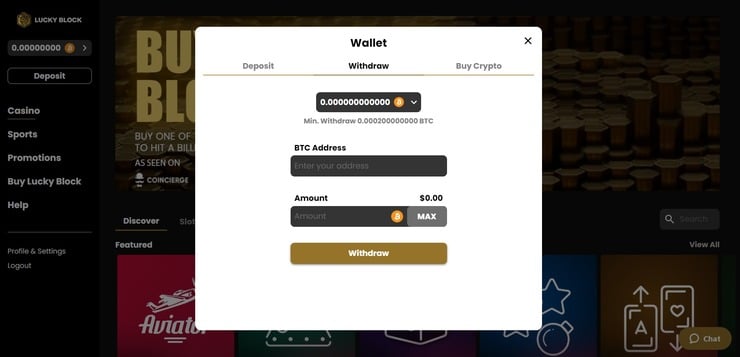 Lucky Block withdrawal section