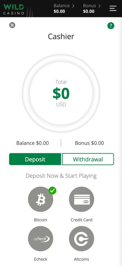 Wild Casino App Select Payment Method