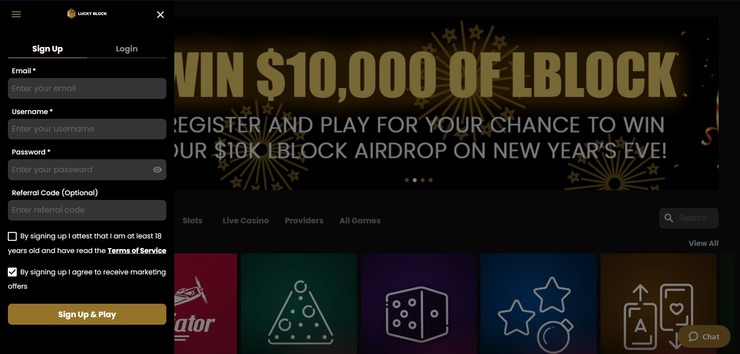 Lucky Block sign up page