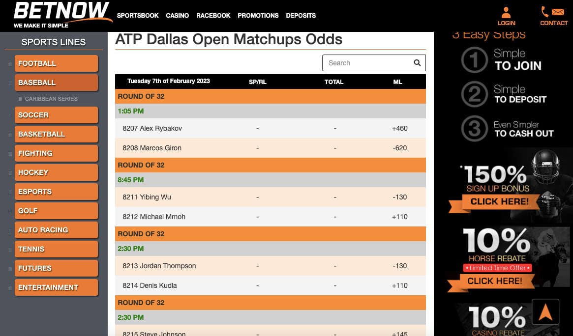 BetNow tennis betting lines OR