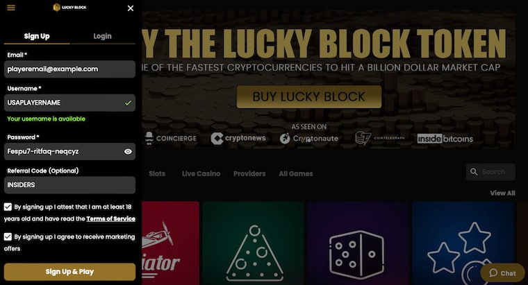 Lucky Block Sign Up Page