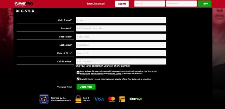 PowerPlay sign up screen