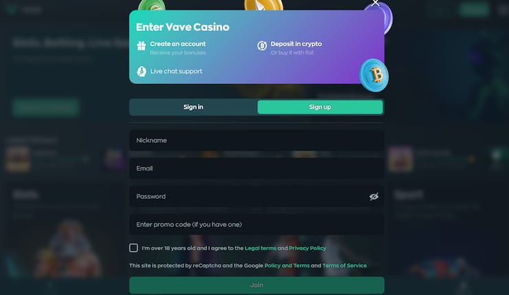 Register at VAVE Casino Step 2