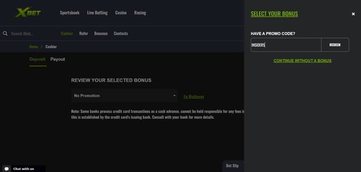XBet bonus code input screen