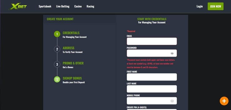 XBet sign up screen