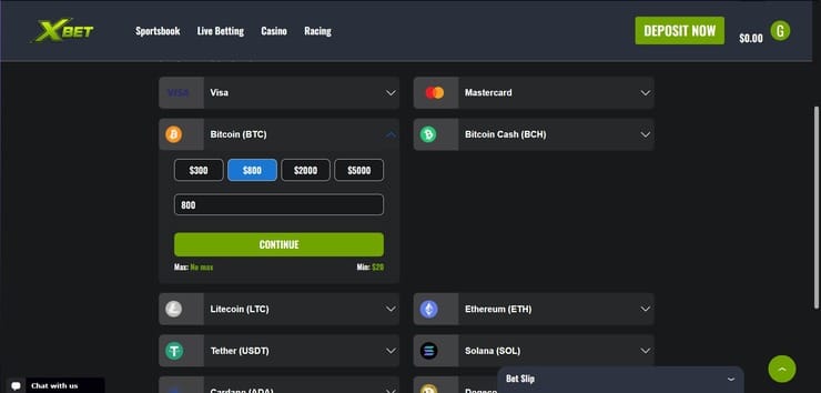 Xbet deposit screen