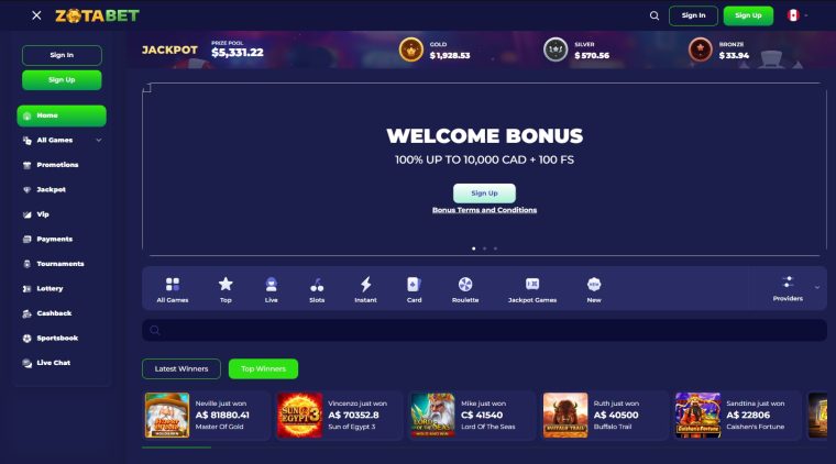 Zotabet Casino Homepage