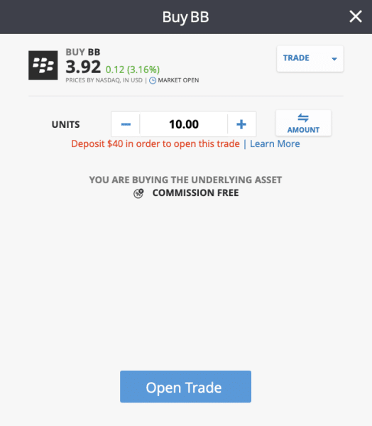 Blackberry stock purchase screen on etoro 