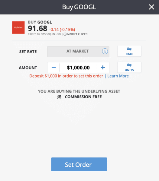 eToro Alphabet invet window