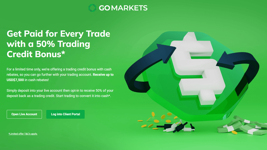 go markets is offering a 50% rebate bonus on fx & commodities trades