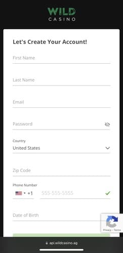 wild casino sign up form mobile