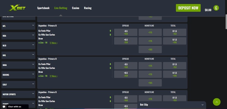 Live betting window at XBet