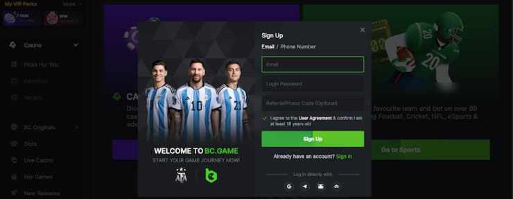 BC Game registration form 