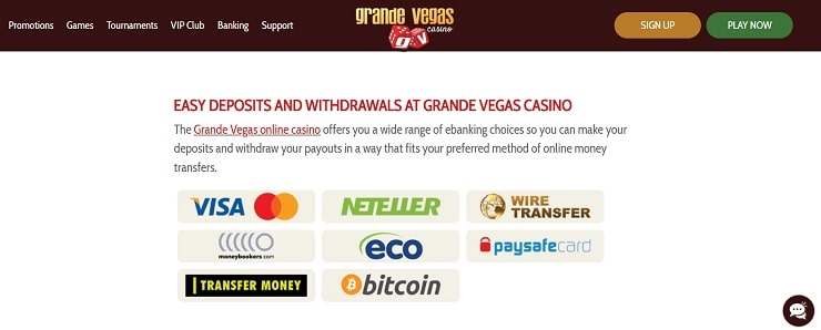 Grande Vegas deposit options banking