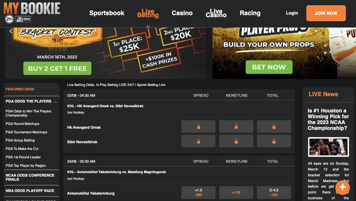 MyBookie sports lobby betting lines