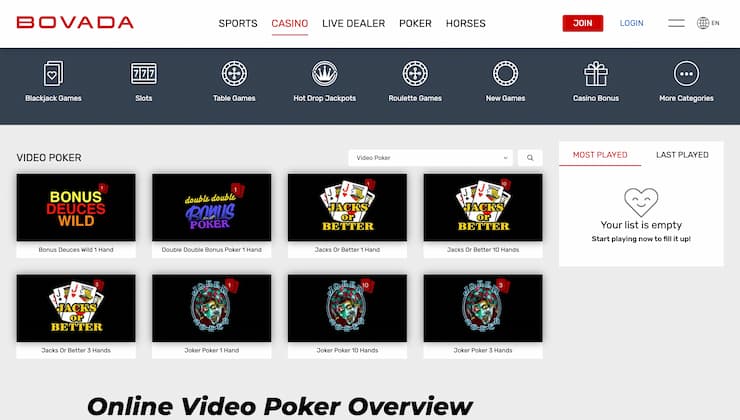 Bovada Video Poker Casino