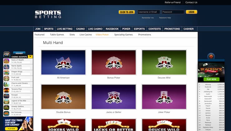 SportsBetting.ag Video Poker Casino