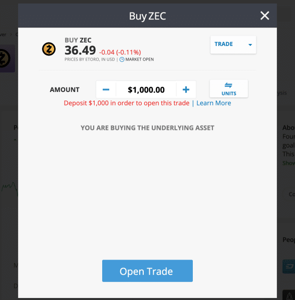 buy ZEC eToro