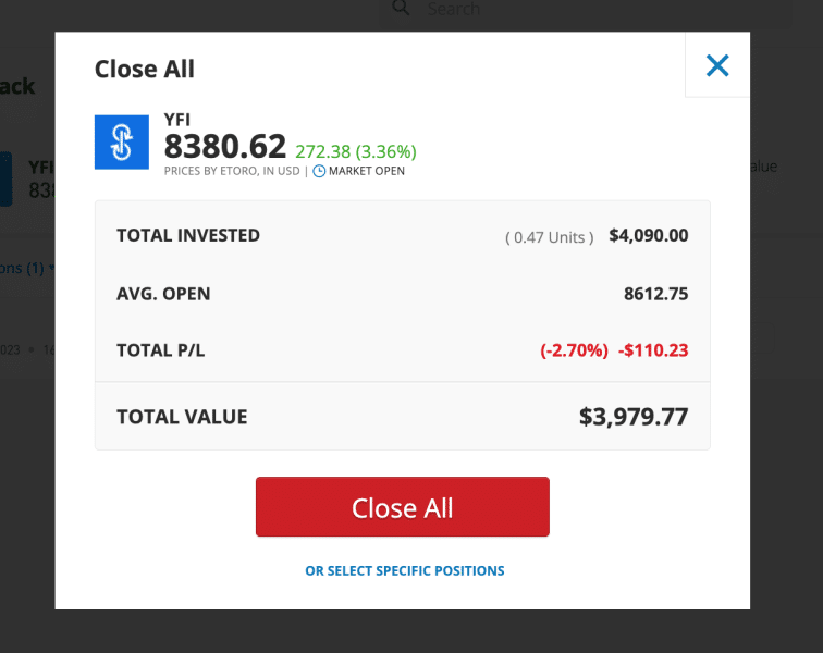 sell YFI eToro