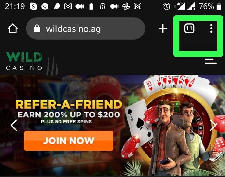 wild casino tablet chrome open menu