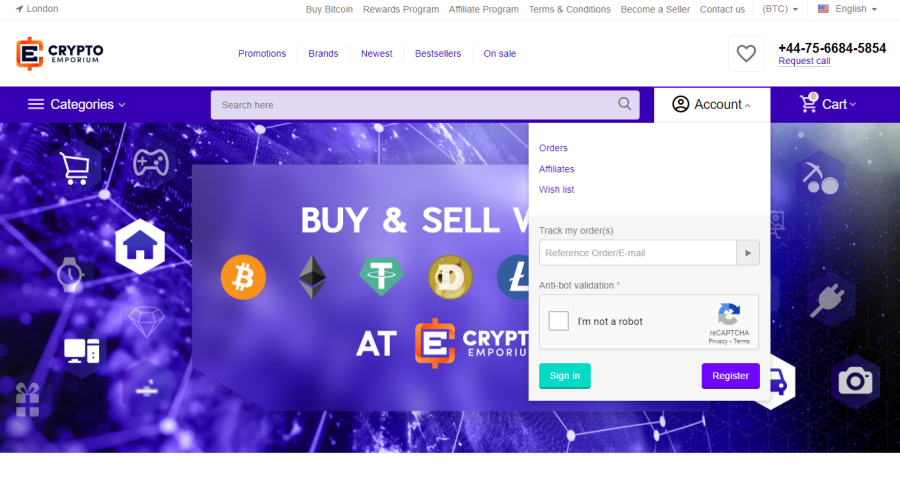 The homepage of Crypto Emporium with the Account section