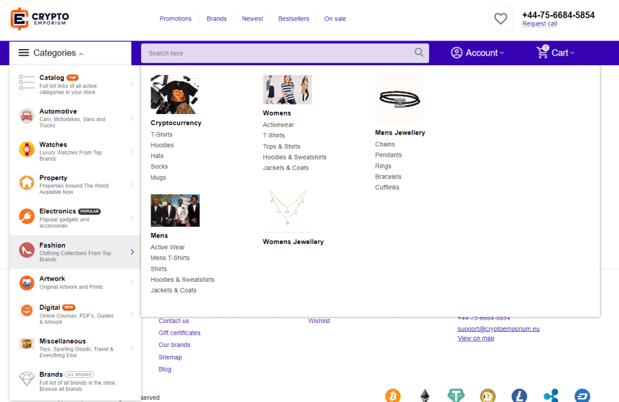 Crypto Emporium’s categories include sections for watches and jewelry