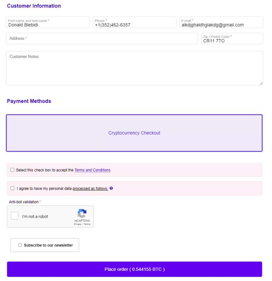 The checkout page on Crypto Emporium