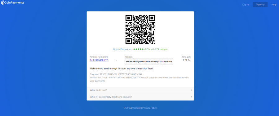 Payment page on Crypto Emporium