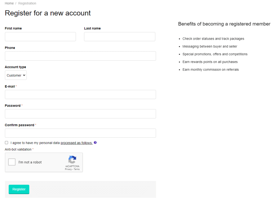 The registration form on Crypto Emporium