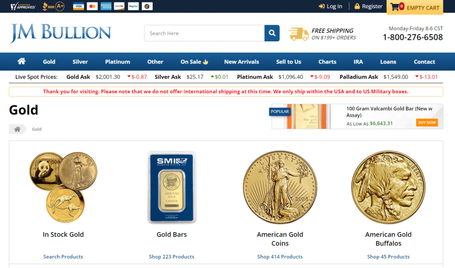 JM Bullion has a comprehensive offering of gold bullion coins, bars, notes, and jewelry