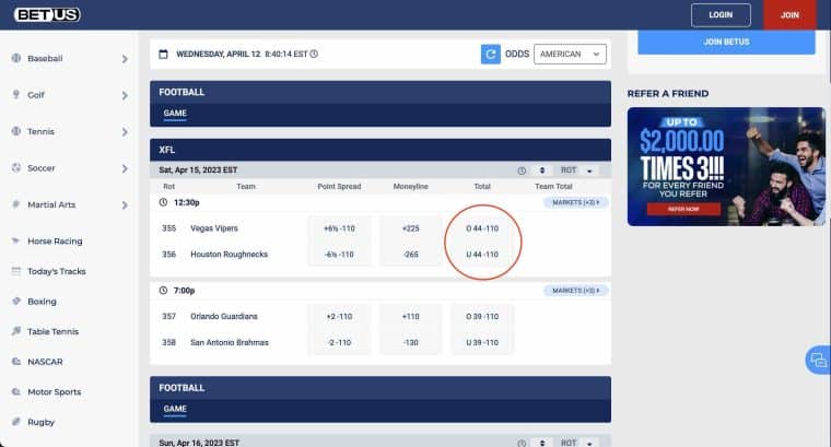 A screenshot of XFL odds at the BetUS sportsbook with the odds for Over/Under totals betting highlighted