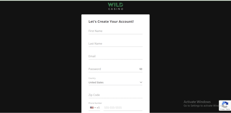 Wild Casino Sign Up Page