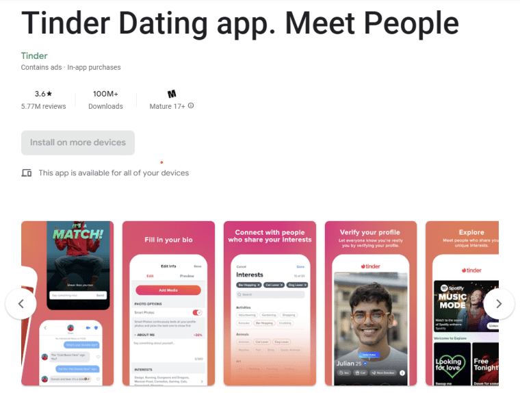 Tinder on playstore