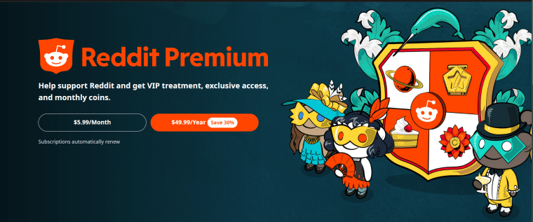 Reddit Premium Landing Page Monthly and Annual Subscriptions