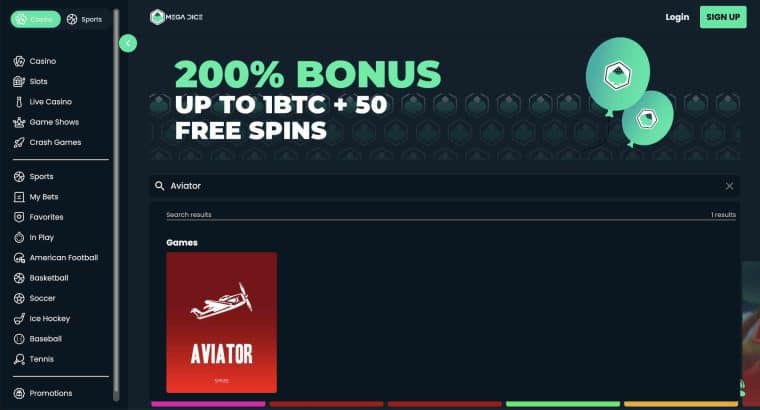 A screenshot of the Mega Dice casino homepage showing the banner ad for their welcome package, search results for the query "Aviator", and the tile for the game Aviator.