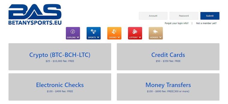 A screenshot of the choice of deposit methods at Betanysports