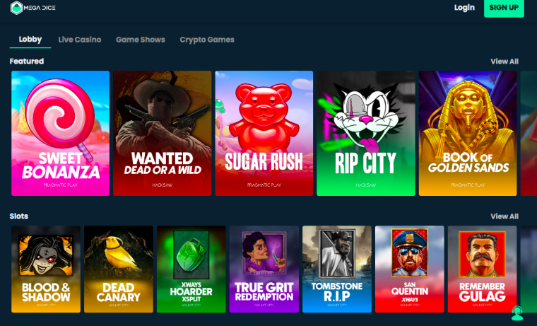 A screenshot of the Mega Dice casino lobby showing five of their featured slot games, and a horizontal list of seven more slots below.