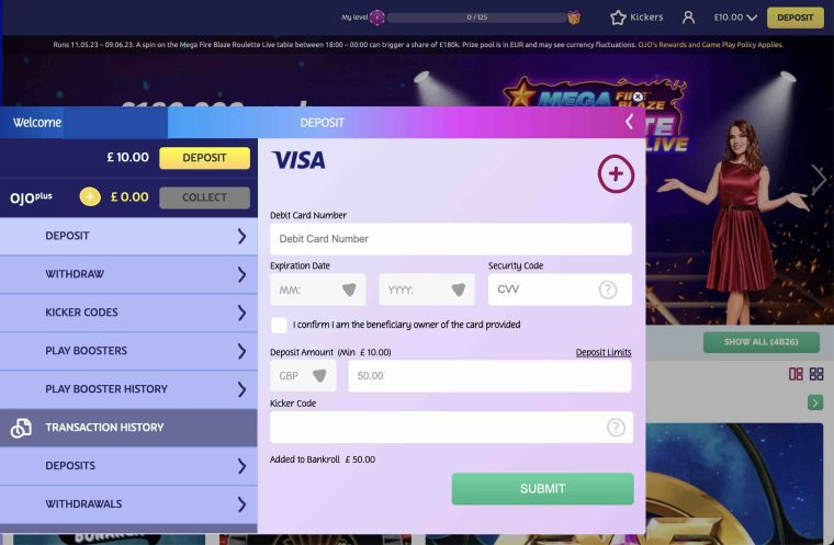 A screenshot of the process for making a visa deposit at PlayOJO