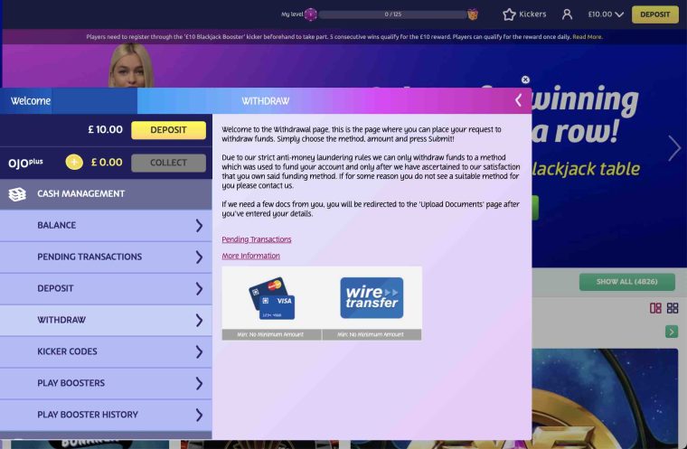 A screenshot of the withdraw section of PlayOJO account details