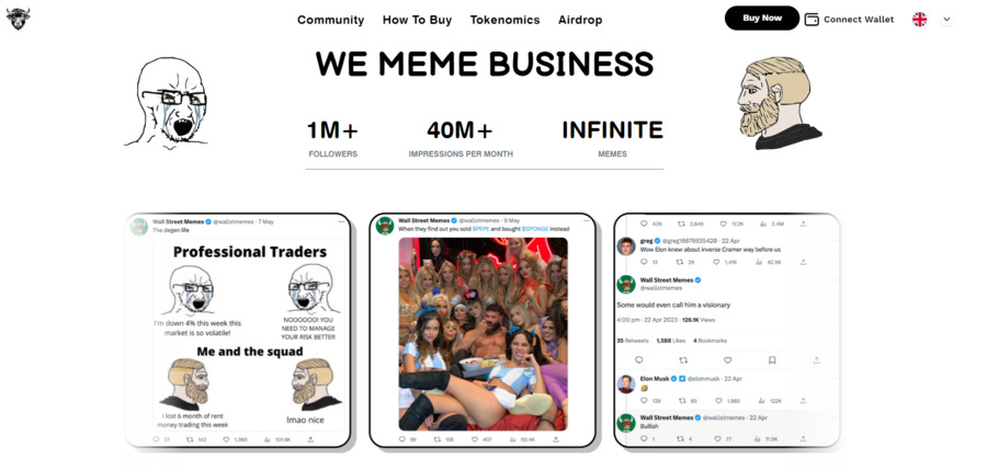 Wall Street Memes is a meme blockchain project with the goal of creating value for its investors through memes and community power.