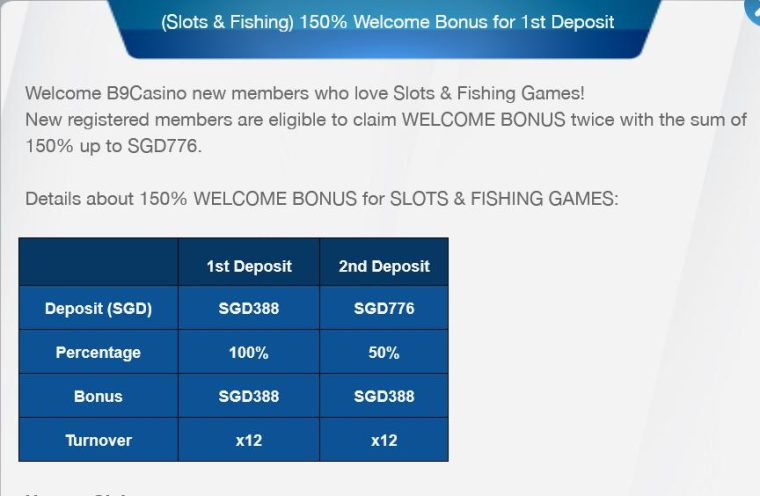 B9Casino Slots & Fishing Games Welcome Bonus