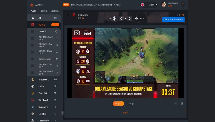 Live streaming of a Dota 2 match at the HFive5 sportsbook