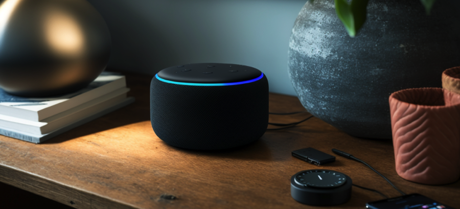 English language: An Amazon Echo sits on a surface 
