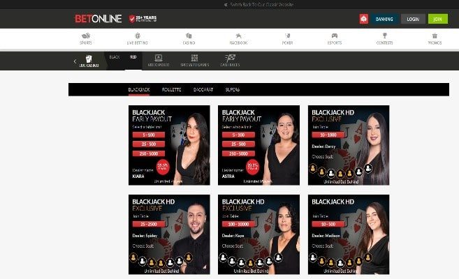 The live casino section at BetOnline